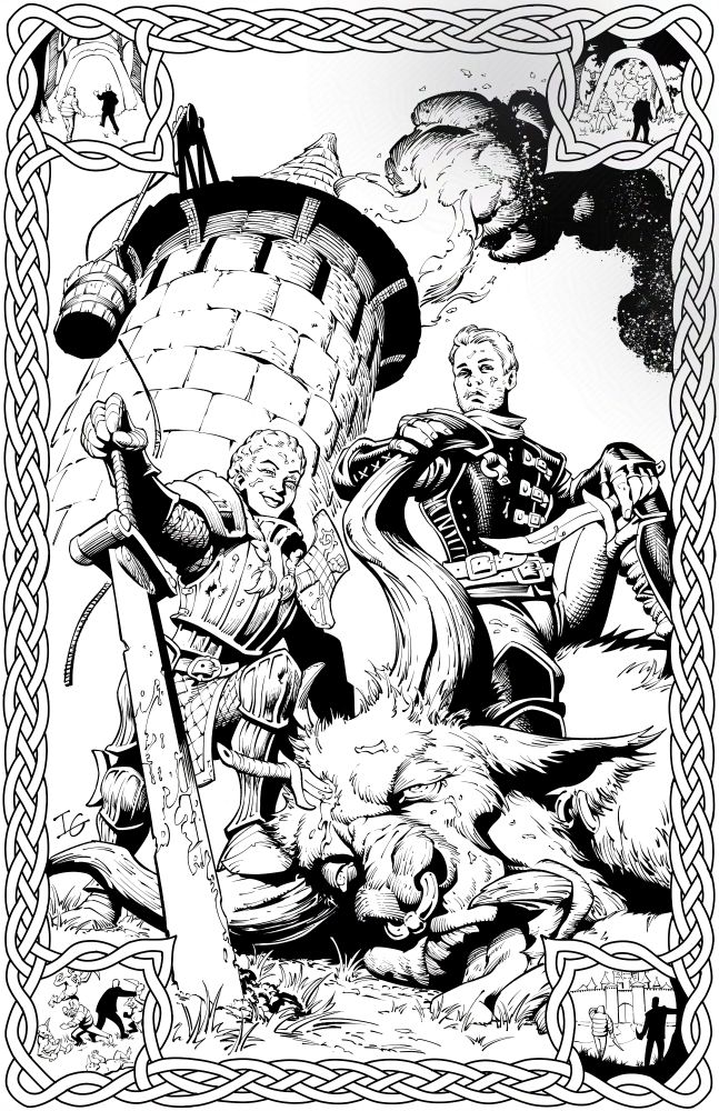 A digital ink drawing drawing of two fantasy characters resting on the body of a minotaur they have just killed with a medieval granary burning in the background. One of the characters is a woman in armor with a huge sword. The other is a man in black leather with a knife.  