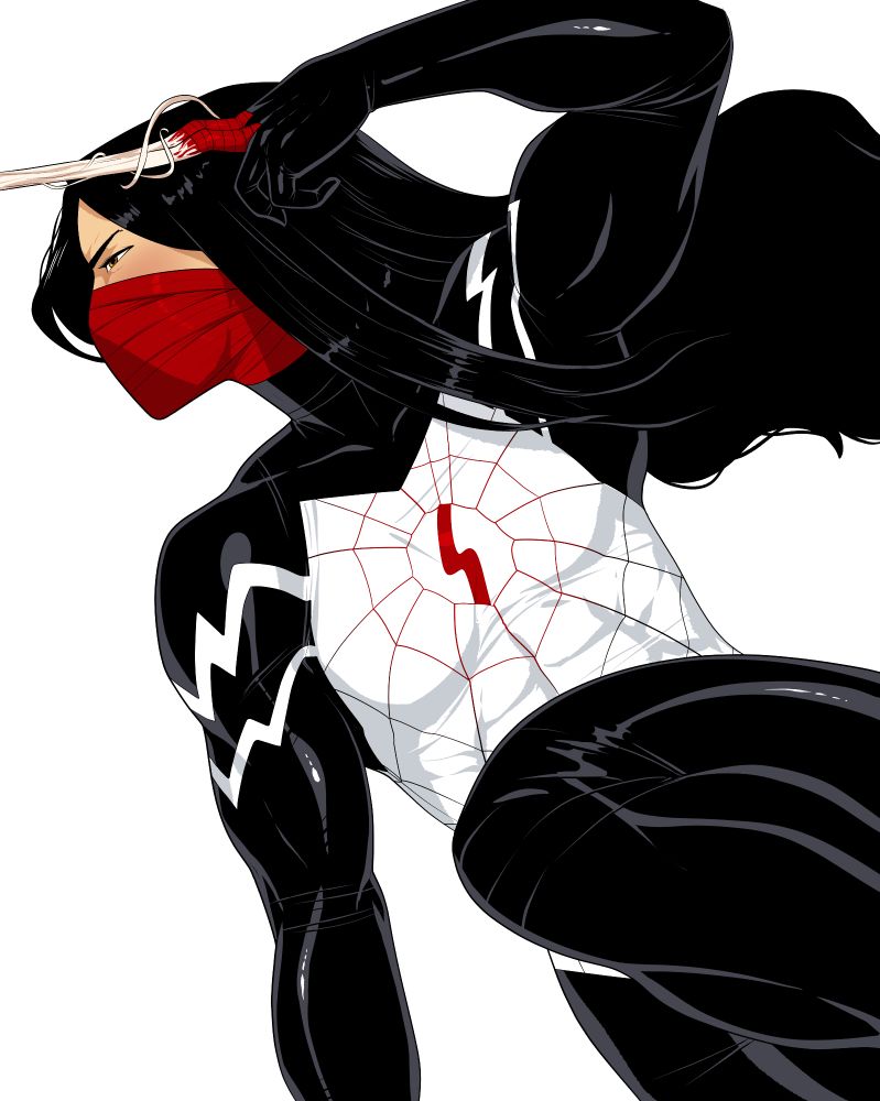 Silk from Marvel swinging through the air while firing a web off screen looking pissed.