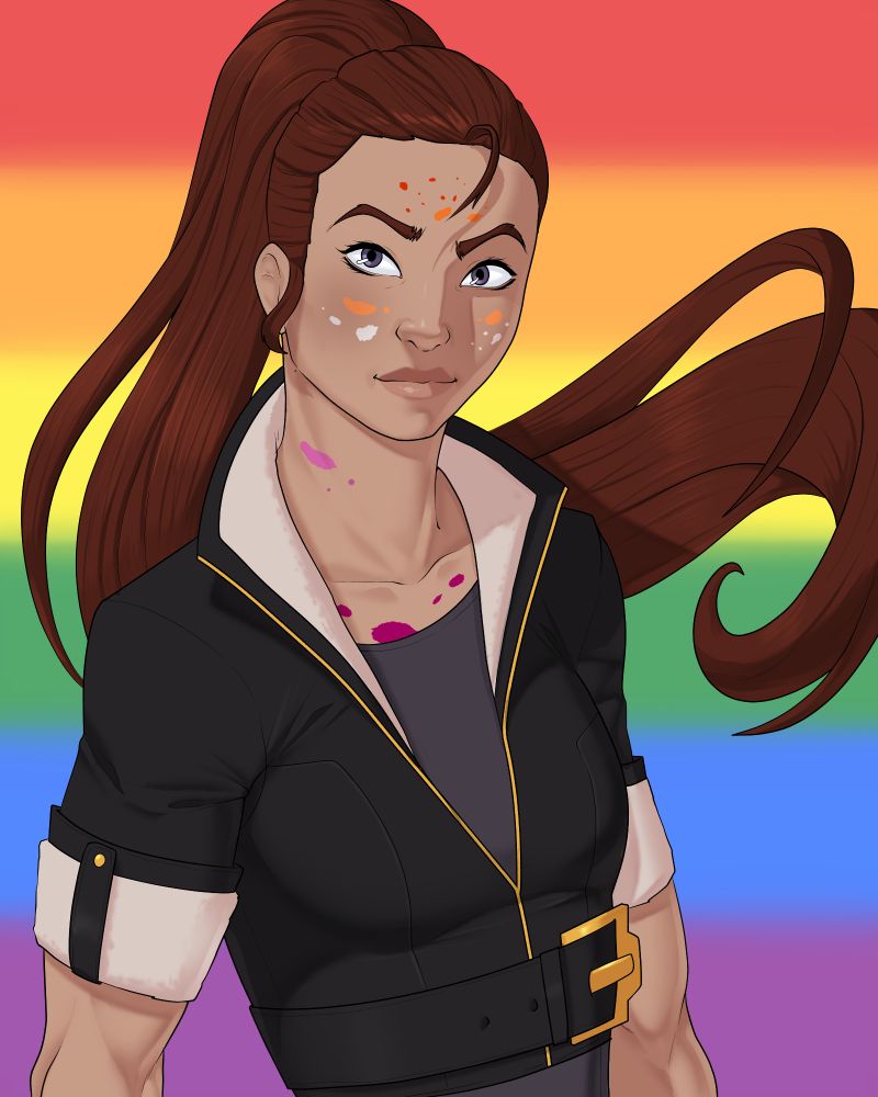 Ilia Amitola in front of a rainbow flag, the marks on her skin the same colour as the lesbian flag. 