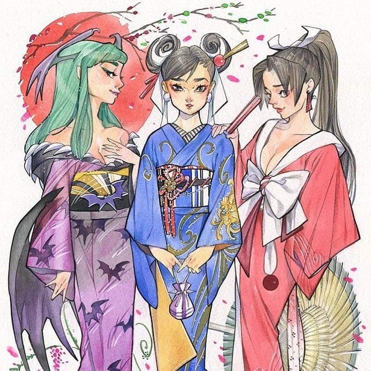 Chun-Li from Street Fighter, Mai from KoF, and Morrigan from Deathstalkers all in stylized kimono. 