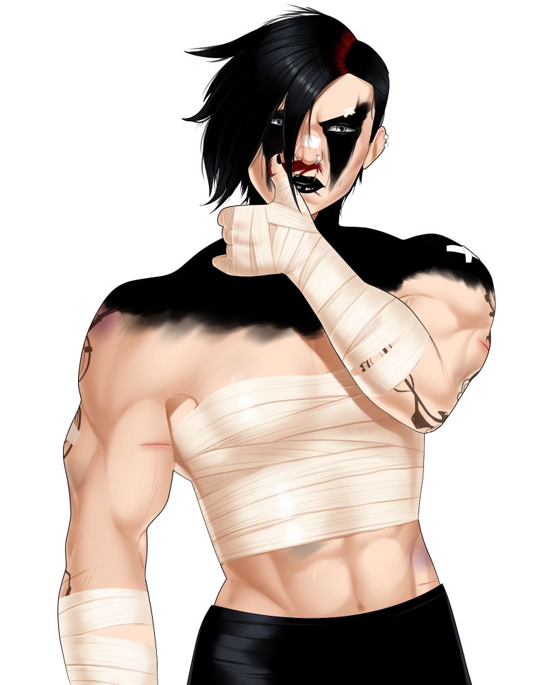 Vi in her emo pitfighter design from the recently released Arcane clip, wiping blood from her upper lip.