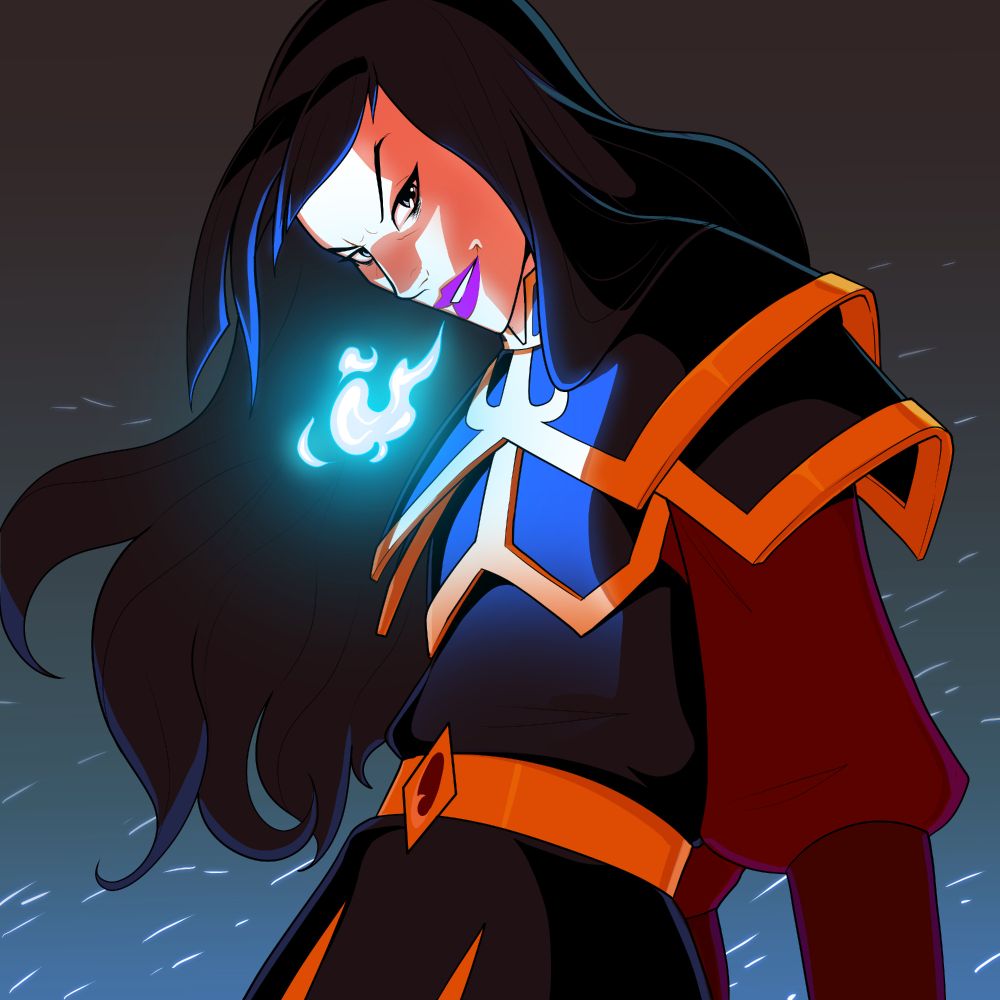Azula in her crazed look with her hair down and her lopsided bangs giving a mean smile and breathing out bright blue fire. 