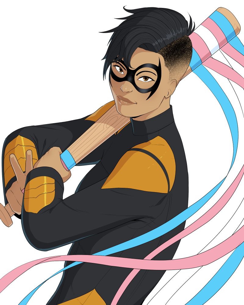 Alysia Yeoh swinging her bat over her shoulder with a smile, trans flag streamers coming off it and swirling around her. 