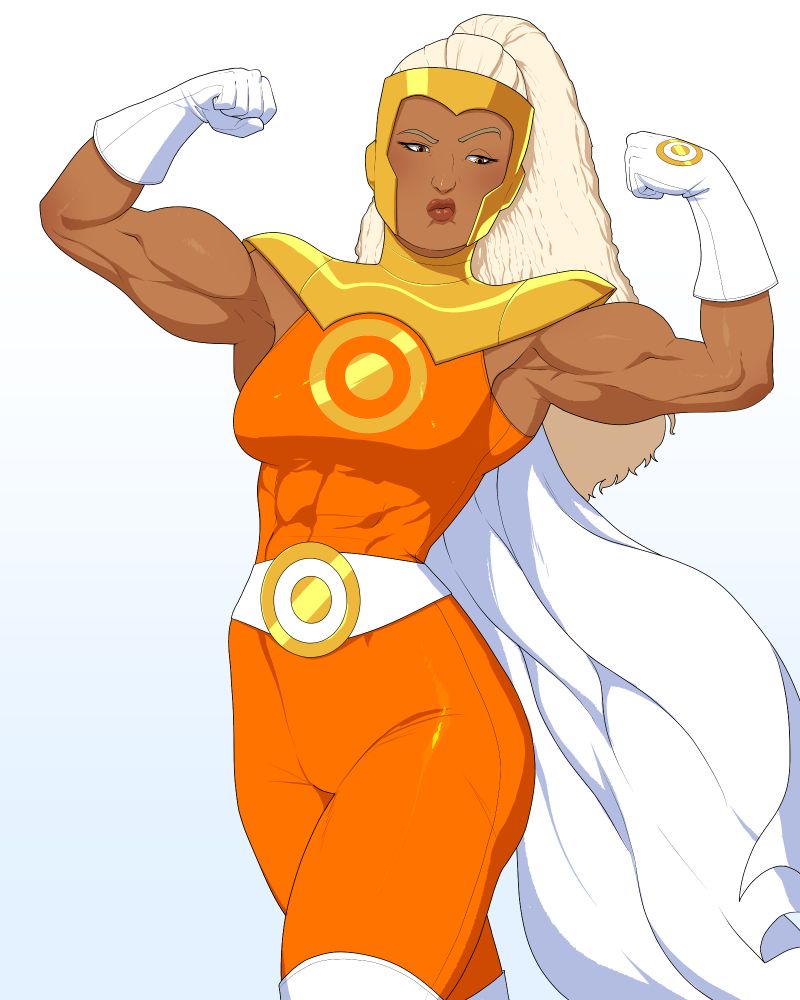 A buff super hero woman in gold shoulder pads, orange tights with exposed arms and while gloves and belt with a circle logo on the chest, gloves and belt. She's flexing whiloe making a smug face. 