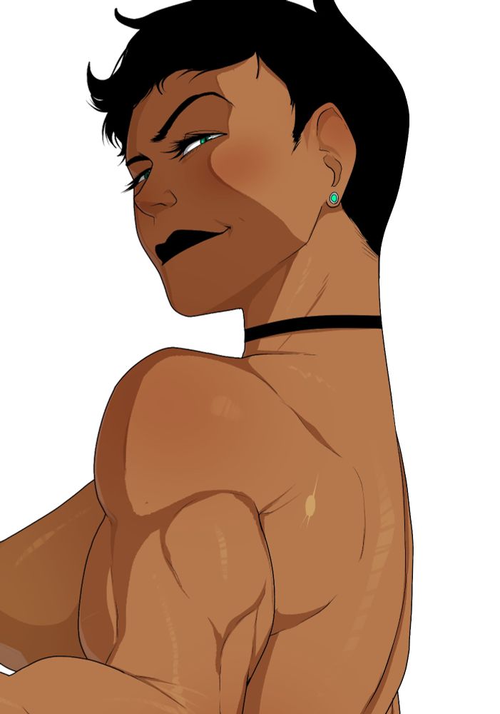 Catwoman naked from the shoulders up, cropped to not show anything, smiling back over her shoulder at the viewer 