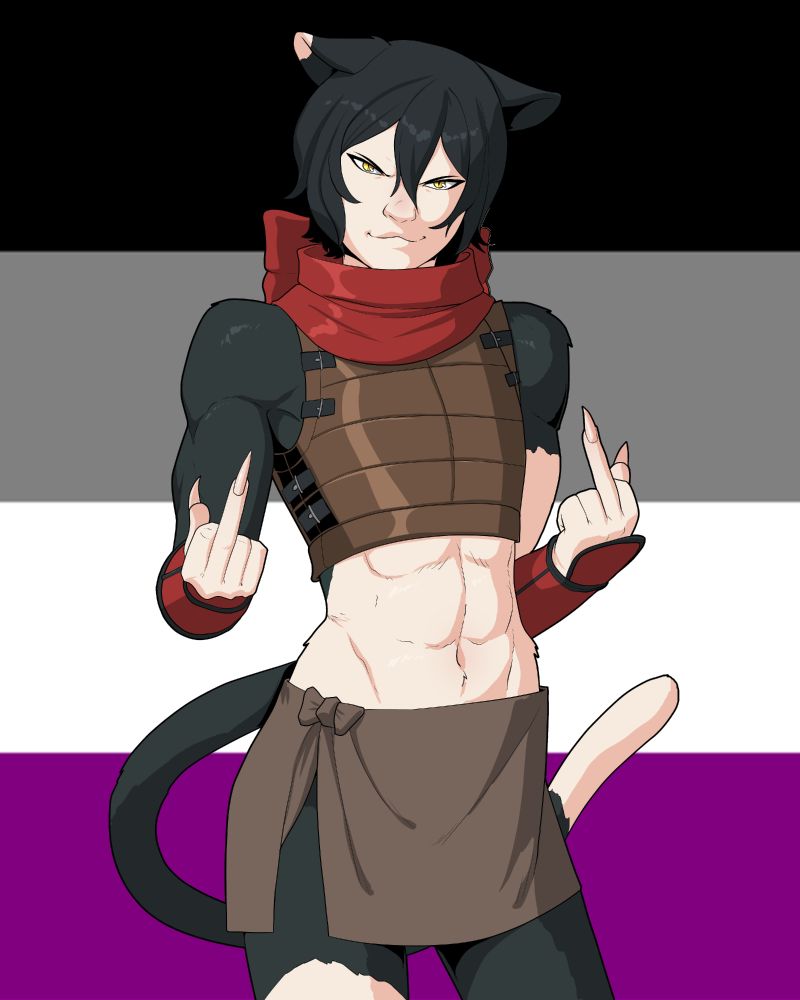 Izutsumi flipping two birds at the viewer in front of an ace flag. 