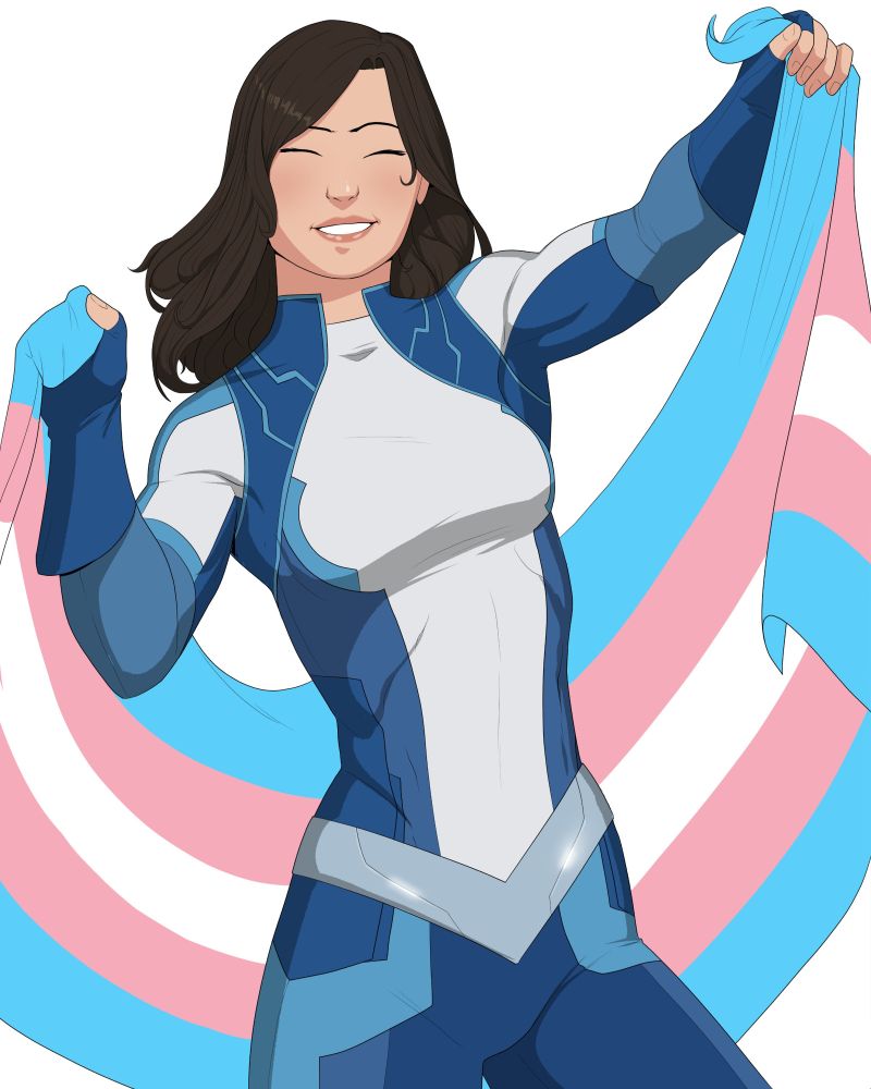 Fan Art of Dreamer from DC comics, she's got a bright smile and eyes closed. She's holding a trans pride flag up so it flows behind her and is doing a little jump. 