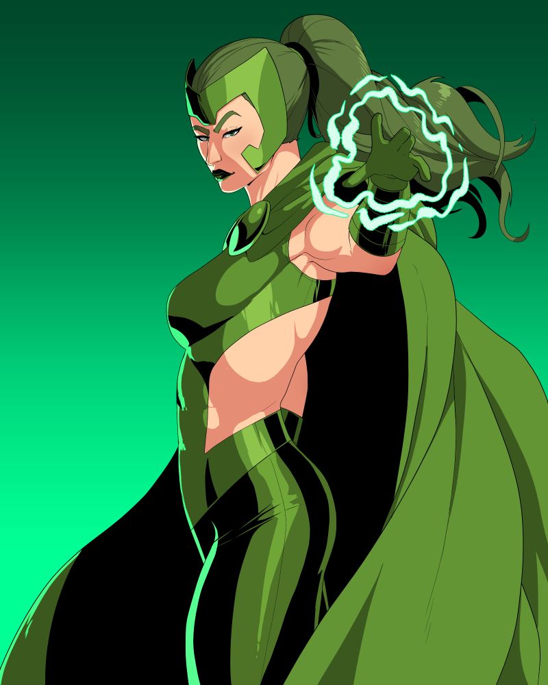 Polaris at a side angle, looking towards the viewer and holding a hand up surrounded by squiggly glowy lines.