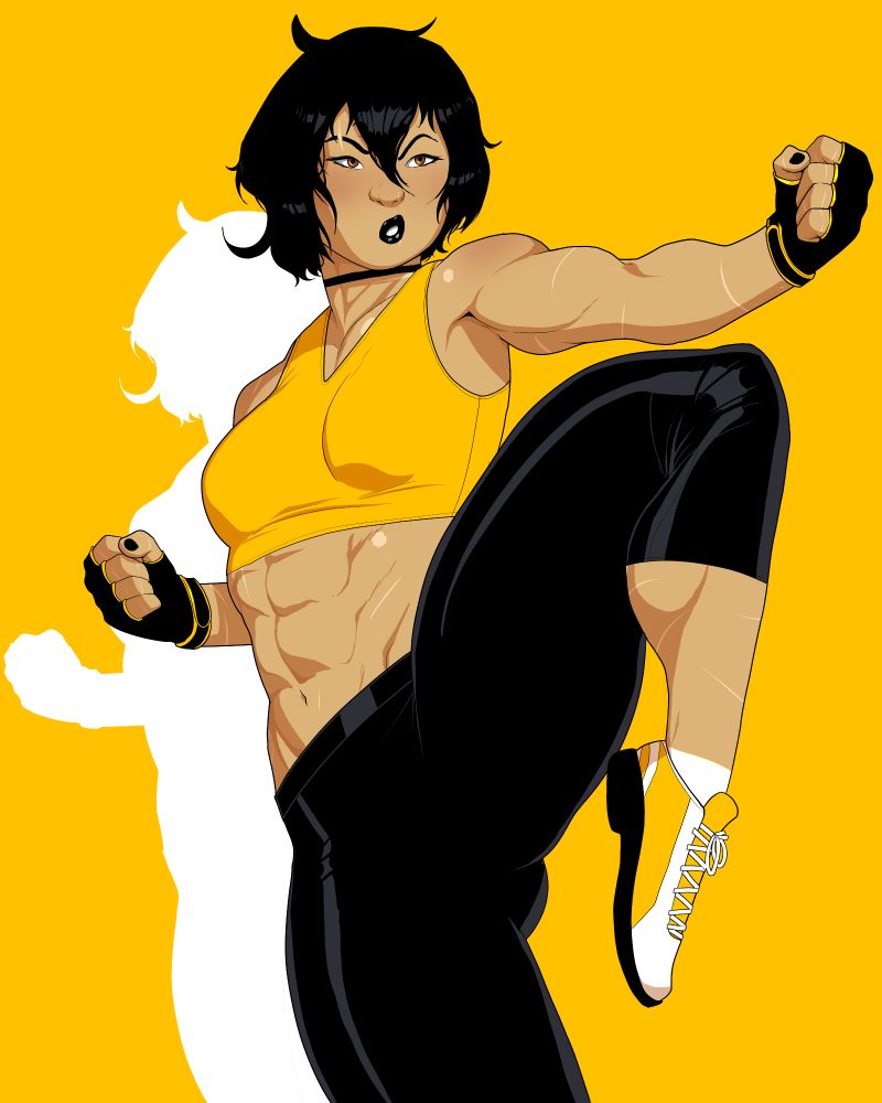 Cassandra Cain in casual exercise clothes making a martial arts pose 