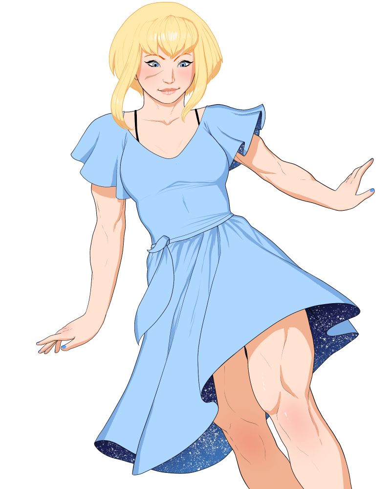 My Adventures With Supergirl in a sky blue dress with a night sky covered in stars on the inside and a scar on her face, she just looks happy. 