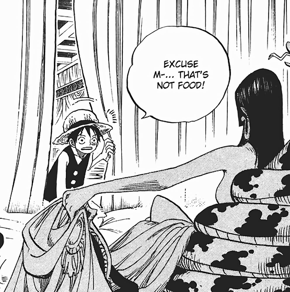One Piece Manga panel of Luffy pushing aside a curtain to look at Boa Hancock taking off her clothes in front of him and saying "Excuse m-- ... That's not food!"