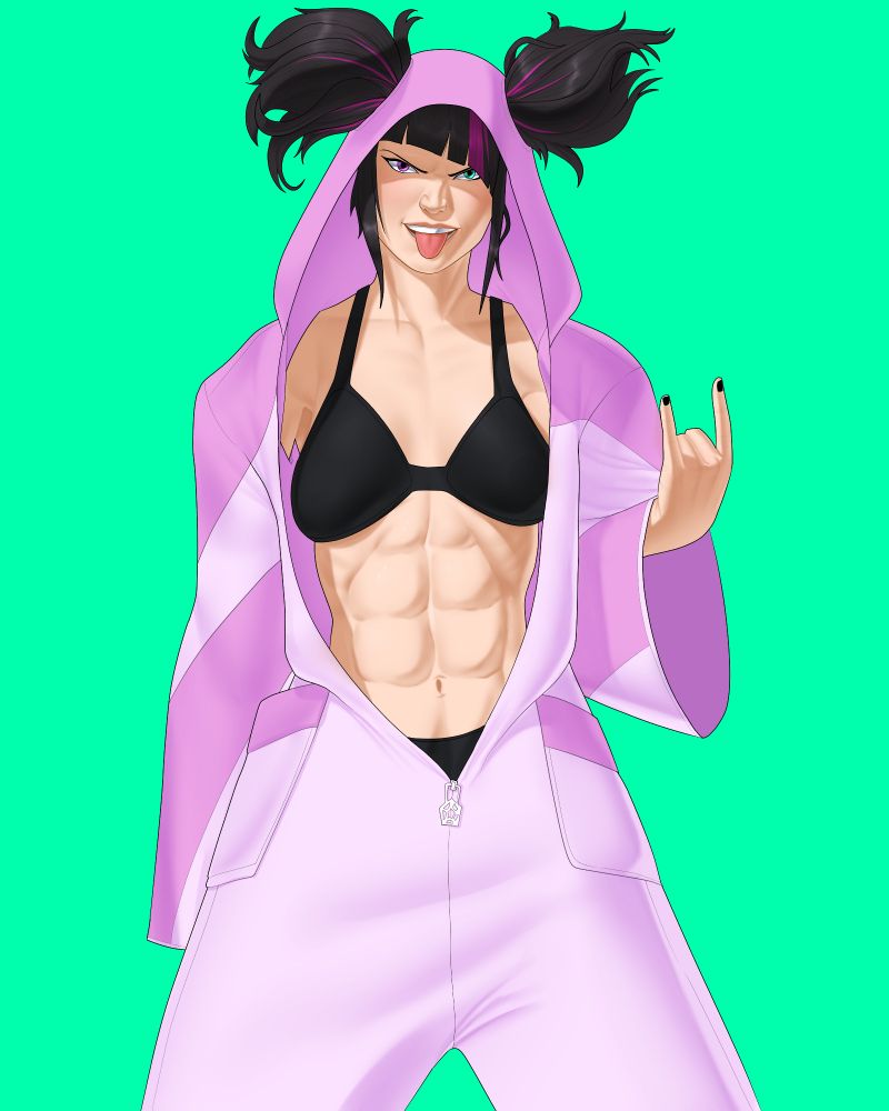 Juri-Han in her pajama outfit doing the devil horns with one hand and sticking her tongue out between her teeth. 