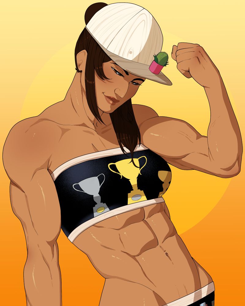 Shelley from Date Everything in just her hat, tube top, and pants flexing and showing off her absolutely jacked body. 