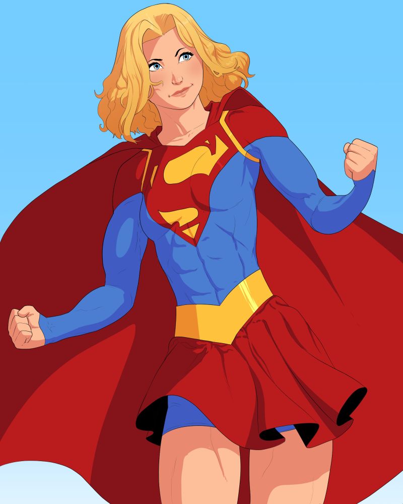 Supergirl fan art from DC comics. She's flying, smile on her face, arms up at either side, light blue solid blackground. 