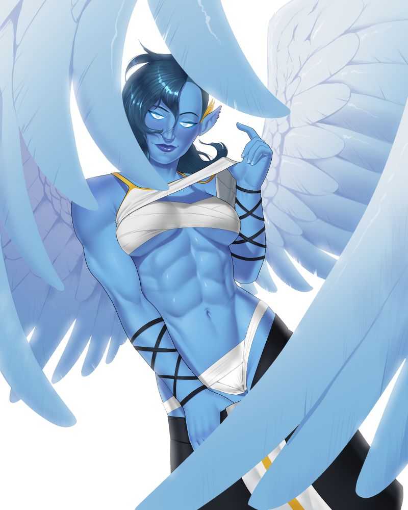 A blue woman with massive angel wings floating casually through the air, the ends of the wings closer towards the viewer so she's peaking through, eyes half lidded suggestively and lifting her top up and pulling her skirt down to show off wraps acting as underwear and her abs. A smirk on her face.

She's got a half shorn haircut, is lean but muscular, her ears and her lip are pierced, and she has a pair of golden feathers behind one ear. 