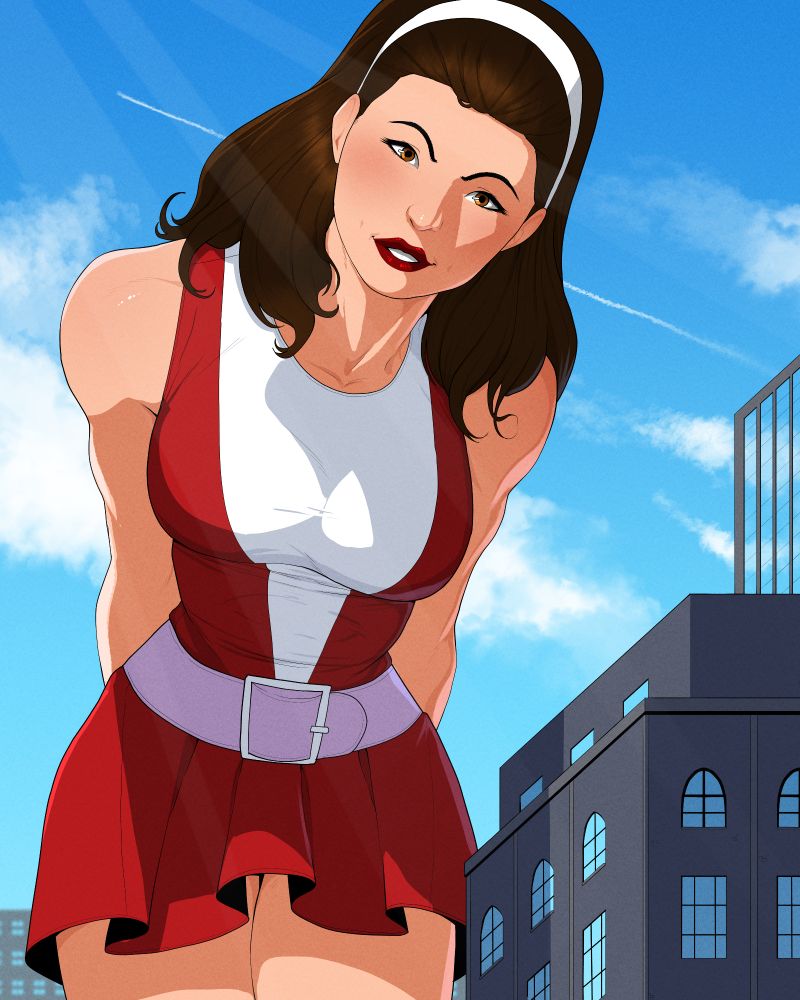 Rita FarrR from Doom Patrol leaning forward and smiling at the viewer. She's towering over and casting a shadow on nearby buildings. 