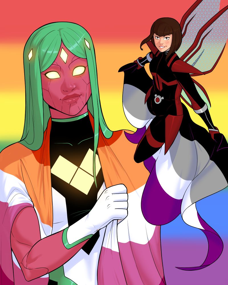Viv Vision standing wrapped in the lasbian flag and Nadia van Dyne flying with the ace flag flowing behind her. 