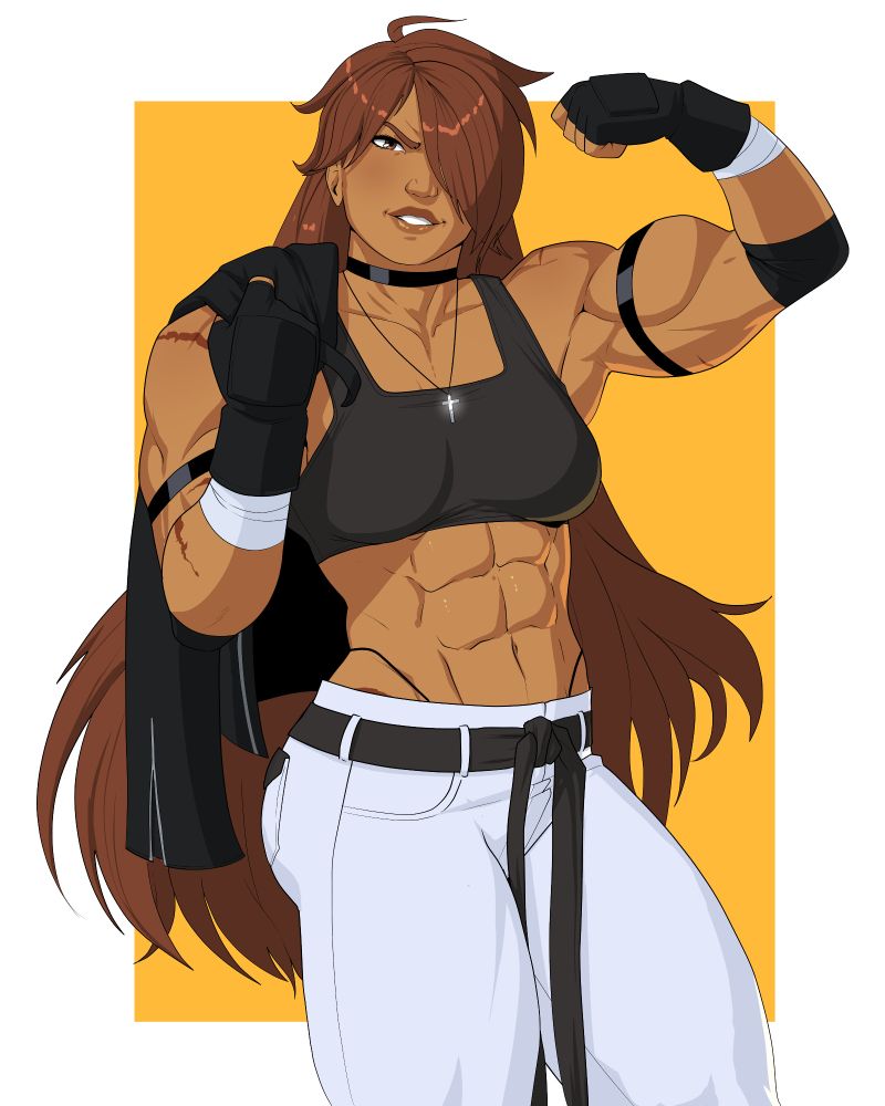 Thighs-up art of a jacked brown skinned woman with thigh length brown hair flexing while carrying a leather jacket over her shoulder and smiling towards the viewer. She's wearing a black sports bra and white pants with a long black cloth belt, a black choker, black MMA gloves, and a cross necklace.
