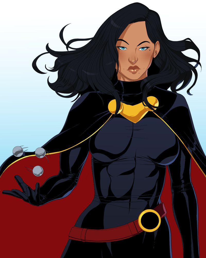 A tan woman with long black hair in a black latex suit, a black cape with gold trip and red interior and a red belt. She's looking serious while her hair floats above her shoulders and she hovers a trio of metalix balls in a circle above her palm. 