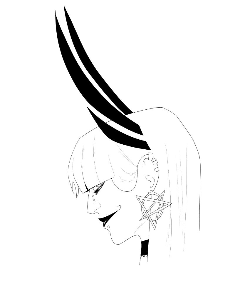 Line art fan art profile bust of Magik from X-men smiling a cartoonishly wide smile with a fuckload of piercings and pentagram earrings. 