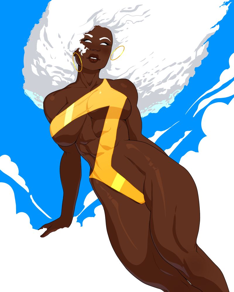 Ororo Munroe in the sky, braced on a stylized cloud, her hair flowing around her and her earrings dangling, wearing a lightning bolt stylized one piece swimsuit and smiling. 