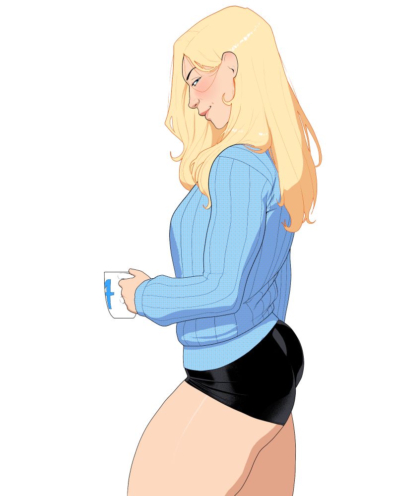 Sue Storm in a blue sweater and booty shorts smirking at the viewer while holding a mug with 4 printed on the side. 