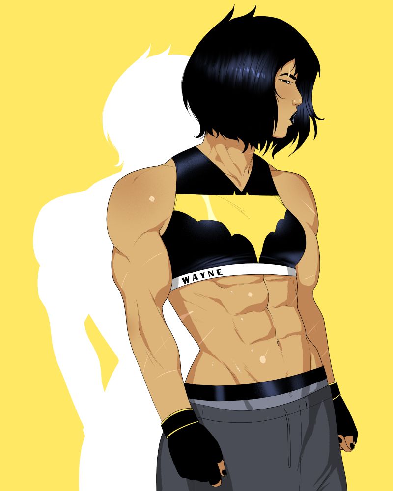 Cassandra Cain jacked as fuck and in custom Bat themed exercise gear. 