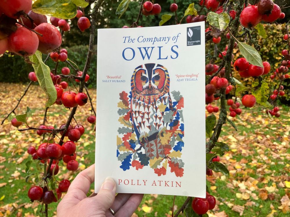 Polly’s book held by a rosy red crab apple tree & fallen golden lime tree leaves