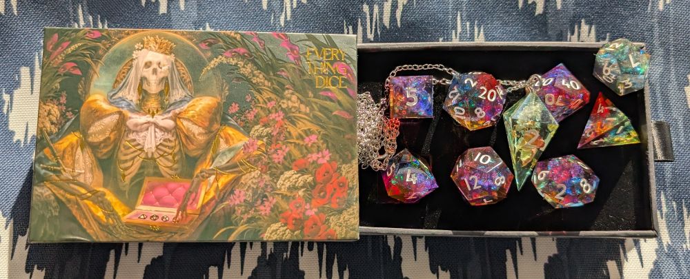 Prismatic Soul (dice set), Victorian tearoom (D4 necklace), Astral illusions (D12). Box illustration was by Erion Makuo

