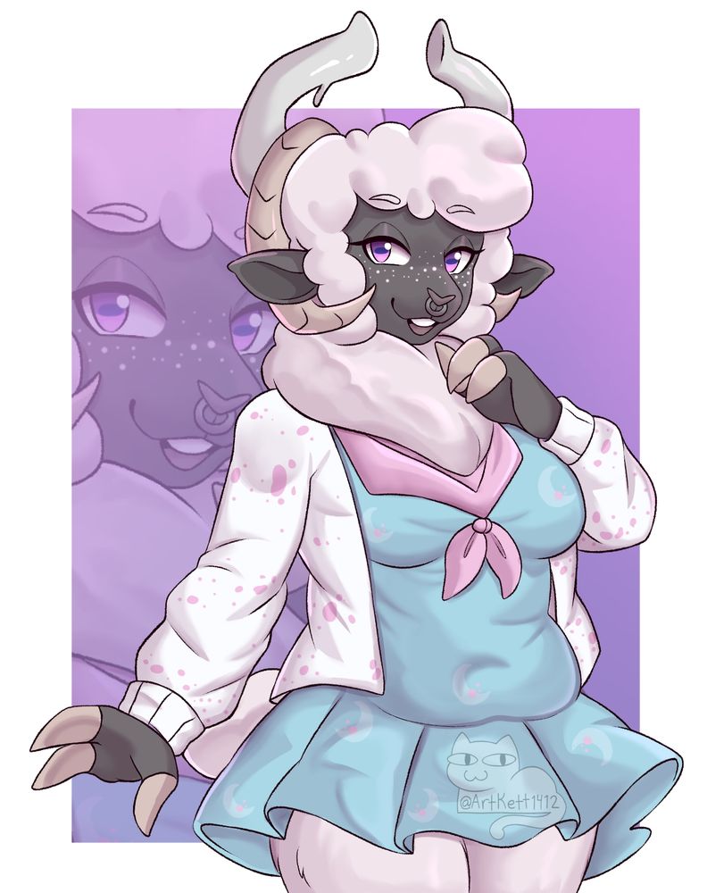 Cute chubby sheep girl wearing a blue dress with a pink tie and a white jacket with pink petals. She's doing a cute pose. This is a commission 