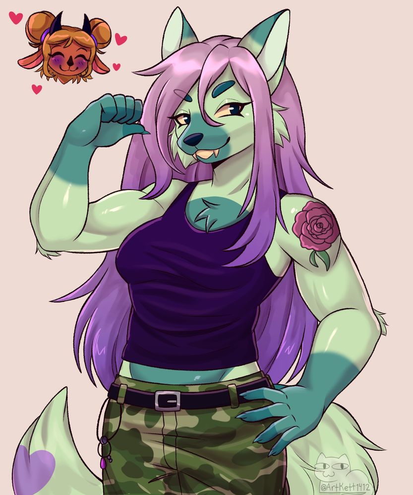 Artfight attack of A green dog girl with a dark purple tank top, camo patterns shorts and long purple gradient hair. She's meant to be a muscular butch lesbian character. She's flexing while a little head of her goat girlfriend is in the corner with hearts admiring her 