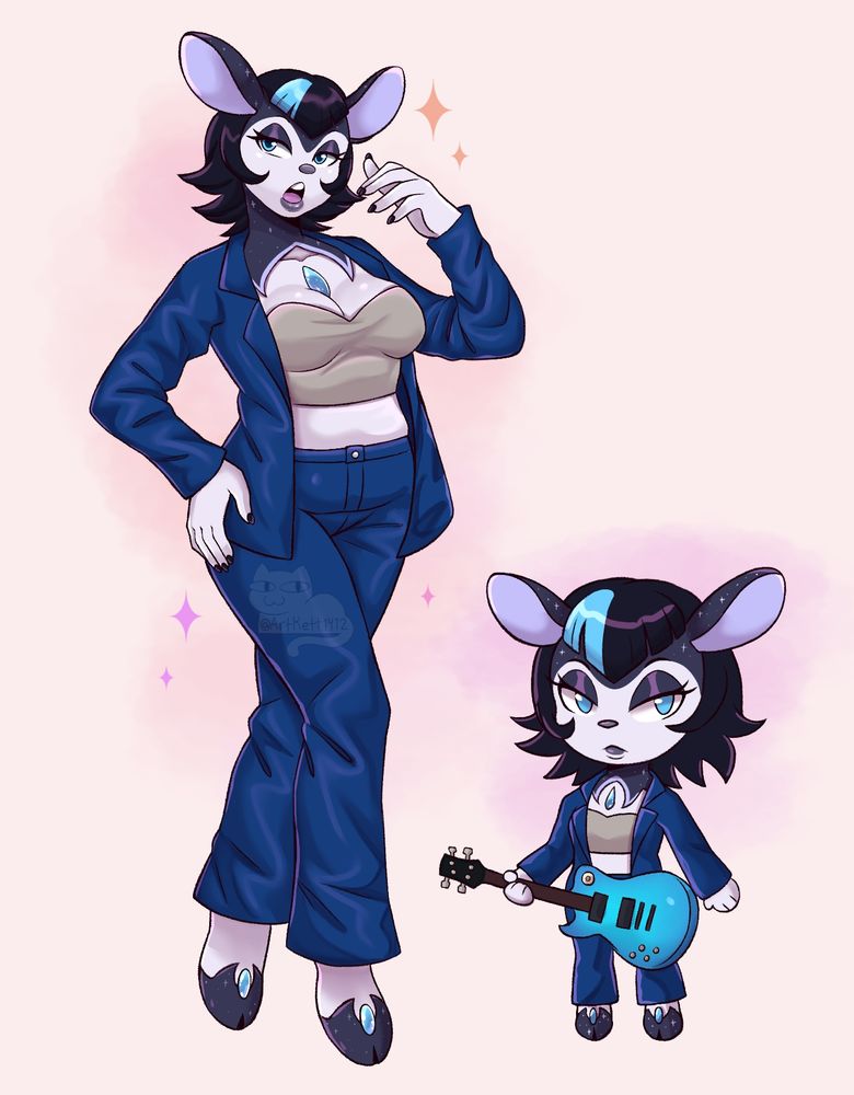 Fullbody commission of a deer girl pokemon oc, she's part deerling and cosmog. Her chibi version of playing guitar 