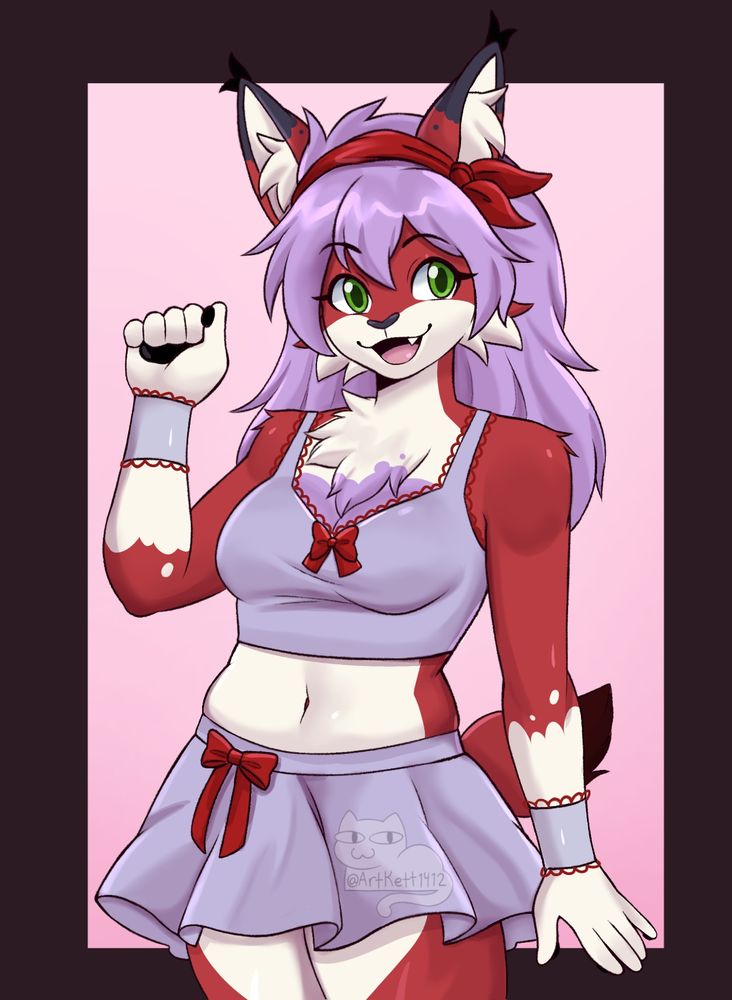 Halfbody rendered commission of a Lynx girl with red fur and and purple hair wearing a cute red and purple outfit that has a purple crop top and skirt with bows on them and a red headband to match. She's doing a cute pose 