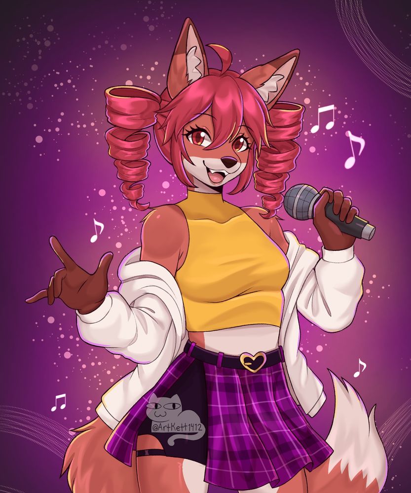 Furry drawing of kasane teto as a fox girl wearing a non-binary colored themed outfit while singing
