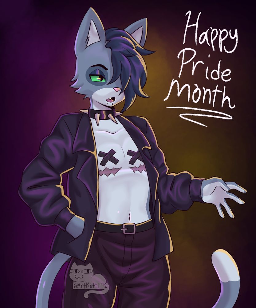 Pride month art of my fursona in nonbinary flag themed lighting 