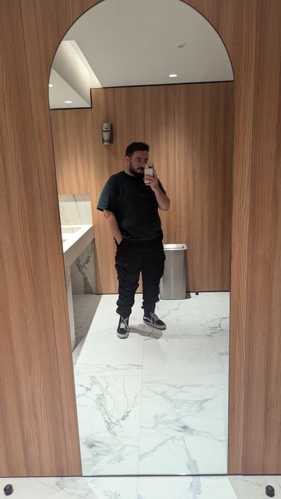 A chubby bearded guy (me) wearing black cargo pants and a green t-shirt taking a selfie in front of a big mirror in some fancy bathroom.