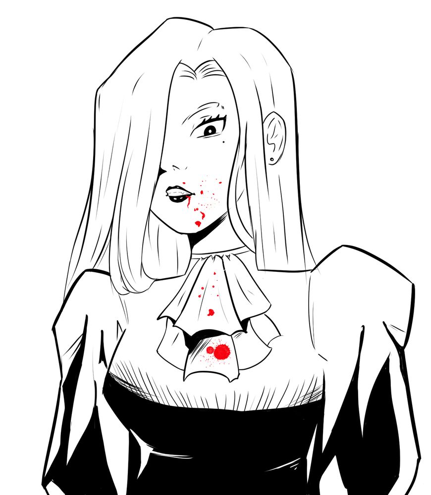 Desenho de um retrato de uma vampira em preto e branco, onde ela está olhando para a câmera enquanto seu rosto está sujo de sangue