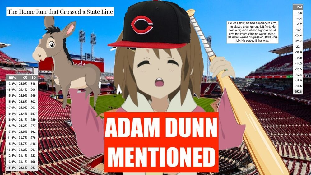 Adam Dunn mentioned meme with the anime character holding a donkey and a bat with various news clippings about Adam Dunn's monster bombs, like the one that he hit into Kentucky 