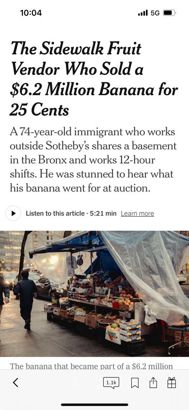 Print screen of The New York Times. Article titled “The Sidewalk Fruit Vendor Who Sold a $6.2 Million Banana for 25 Cents”