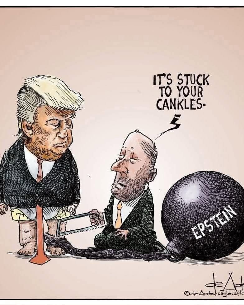 Aide trying to cut off a ball n chain labeled Epstein off Trump’s he. Text: it’s stuck to your cankles
