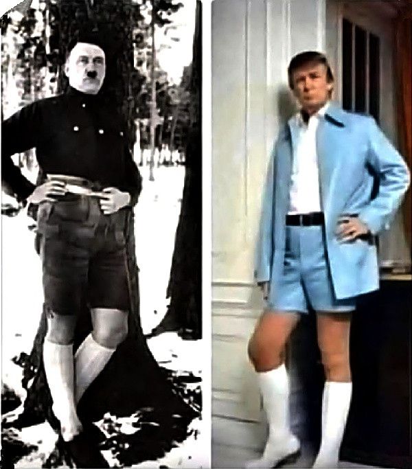 Hitler n Trump both wearing shorts n white knee socks, both with a hand on their hip.