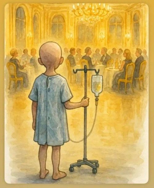Child with cancer standing with an IV pole on the dance floor of the Big Ugly Epstein Ballroom