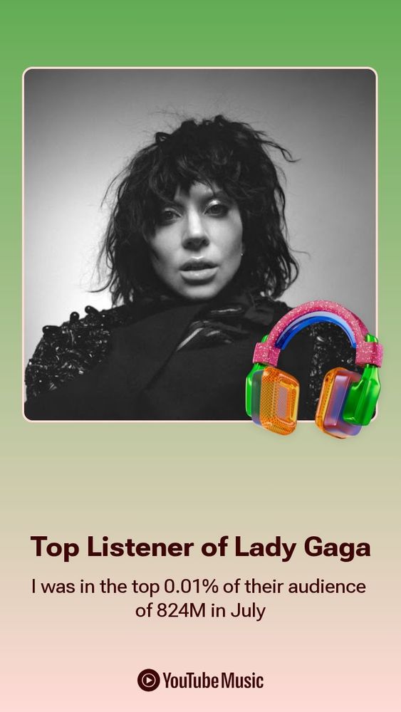 A YouTube music screenshot that says "Top Listener of Lady Gaga: I was in the top 0.01% of their audience of 824M in July."