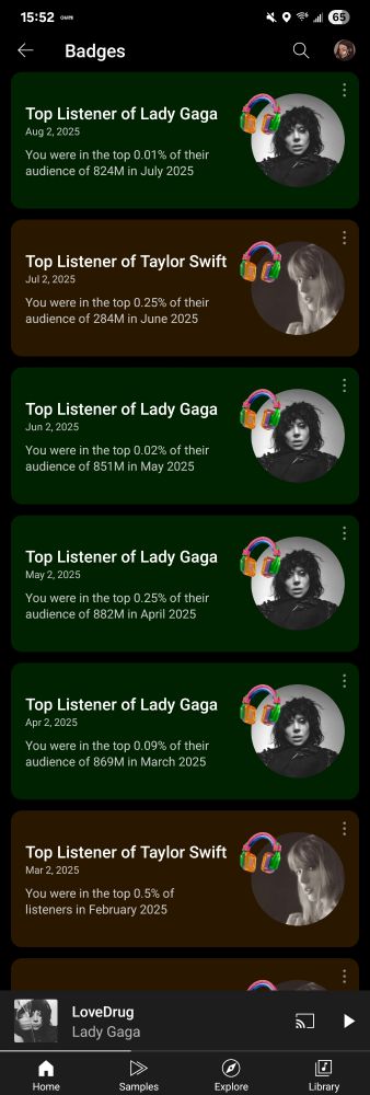 A list of YouTube Music badges, including multiple tip badges for Lady Gaga and Taylor Swift
