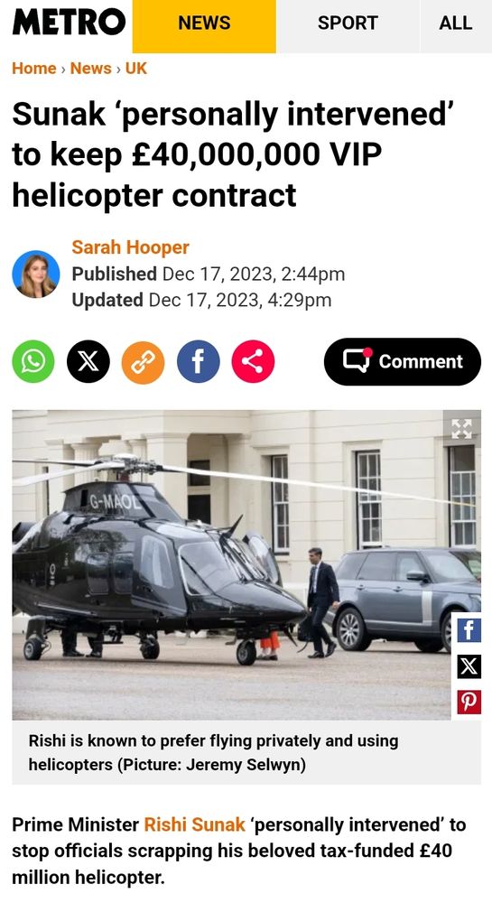 Screen grab of Metro story
Sunak personally intervened to keep £40,000,000 VIP helicopter contract