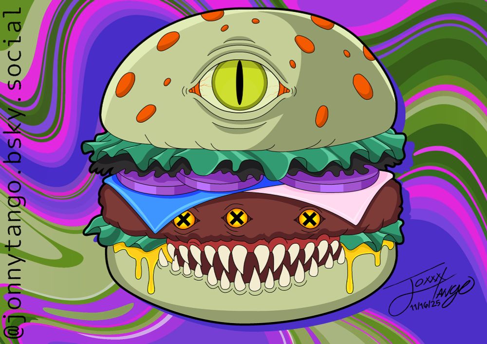 A cartoon monster hamburger with a large green eye on top, three small X-eyed patties, sharp teeth, and a swirling purple and green background.
