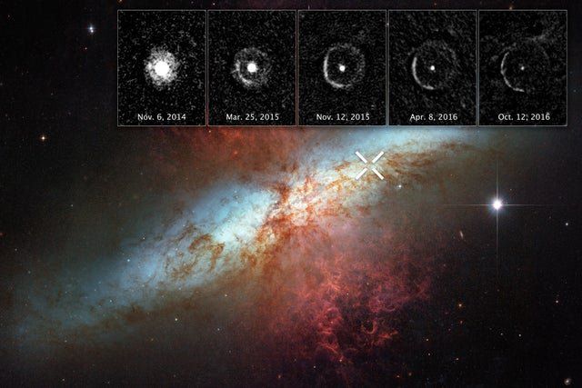 L’écho lumineux de la supernova SN 2014J dans la galaxie du Cigare (Messier 82), capturé par le télescope Hubble sur une période de 2 ans.

CREDIT : NASA