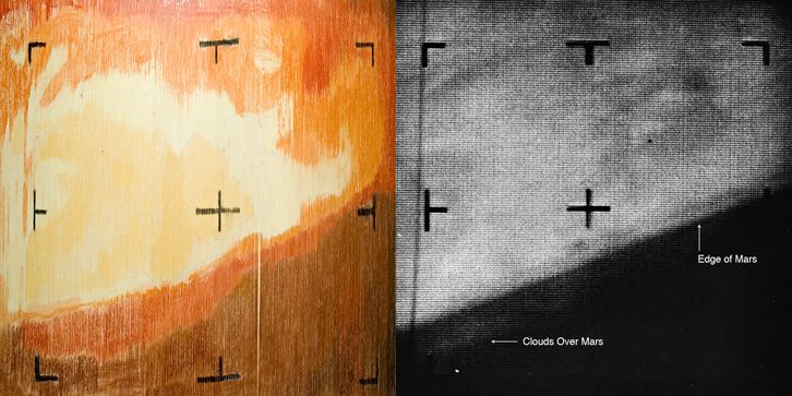 N'ayant aucun moyen de savoir si les images obtenues par la caméra de Mariner 4 avaient bel et bien été enregistrées, les ingénieurs dessinèrent la 1ére image de Mars à partir des données de celle-ci.

Voici leur dessin VS la vrai photo ! 

CREDIT : NASA