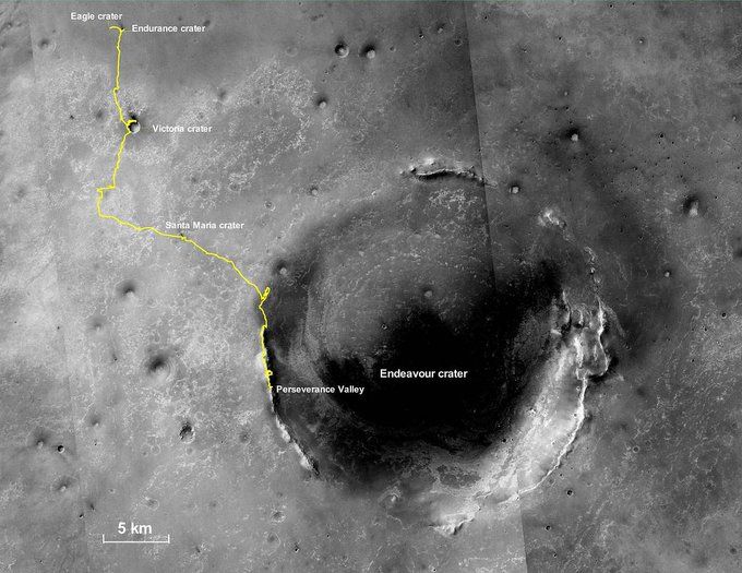 Voici le trajet du rover Opportunity sur Mars entre son atterrissage en juillet 2003 et le dernier contact le 10 juin 2018.

14 ans de mission pour 45,16 km parcourue sur la planète rouge !

CREDIT : NASA