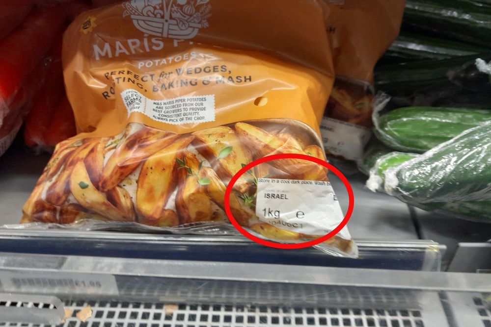 A bag of M&S potatoes on sale this week (June 2025) with label saying they are the produce of Israel.